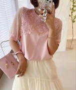 甜美蕾丝拼接泡泡袖雪纺衫夏季韩版减龄仙女衬衫短袖t恤上衣