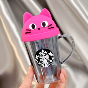星巴克杯子日本2023万圣节女神猫咪，带盖玫红粉色耐热玻璃马克杯