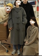 韩版休闲连帽羊毛大衣女学院，风灰色黑色，牛角扣中长款双面呢子外套