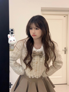 韩系可爱少女甜美减龄小香风外套娃娃领衬衣高腰蓬蓬短裙三件套装