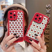 红色菱格爱心小花iphone13promax手机壳新年苹果13的女款ip1211仿皮软套全包，边防摔13pro可爱个性创意ins风