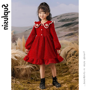 女童秋冬加绒连衣裙女孩时髦洋气花边娃娃领公主裙中小童红色裙子