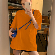 橙色宽松中长款t恤女短袖内搭叠穿纯棉半袖大码上衣下衣失踪体恤