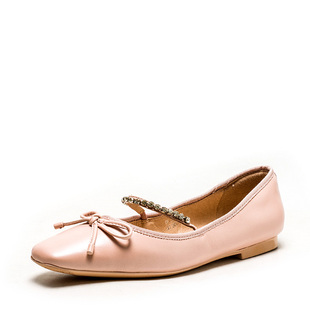 大码真皮玛丽珍芭蕾鞋子女粉色羊皮方头单鞋平跟蝴蝶结DF31111254