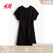HM女装连衣裙2024夏季优雅圆领短袖设计收腰A字短裙1219998