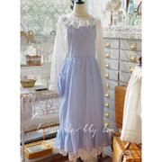 laceshabby法式复古水蓝色，小清新纯棉麻，花园围裙背带裙女