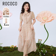ROCOCO/洛可可夏装收腰系带领减龄甜美碎花长款雪纺连衣裙女
