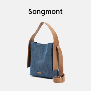 songmont挂耳托特包中号(包中号，)设计师款，丹宁牛仔拼皮通勤单肩斜挎包