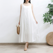 白色棉麻吊带裙女夏季仙气连衣裙小个子海边度假裙中长款宽松大码