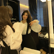 bigyu百褶风琴袖韩系白色，衬衫2023春装女时尚，设计感小众长袖上衣
