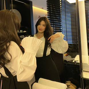 bigyu百褶风琴袖韩系白色衬衫，2023春装女时尚，设计感小众长袖上衣