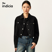 indicia 短款牛仔外套黑色长袖复古上衣2023秋季时尚标记女装