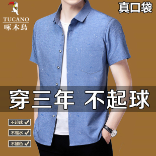 啄木鸟中年男士短袖衬衫夏季休闲大码免烫半袖纯棉衬衣男爸爸装