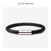 ALVIS 皮绳手链男士真皮磁吸手环黑色高级感简约情侣编织手绳男生
