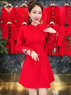 纯色中国红立领长袖宽松遮肚打底裙2024早春减龄中年连衣裙女