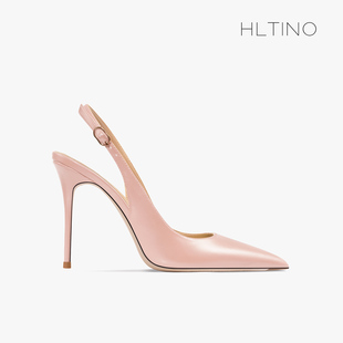 hltino2023夏季一字带高跟鞋，细跟尖头粉色，公主包头凉鞋女外穿