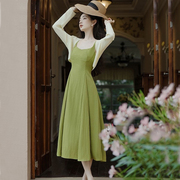 绿色吊带连衣裙针织开衫外套两件套装裙子复古女春夏季