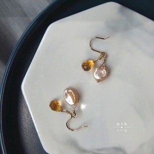天然巴洛克花瓣珍珠黄水晶耳环，水滴香槟金浅金色，耳饰甜美气质