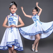 国庆女童连衣裙公主裙表演服装，儿童蓬蓬裙青花瓷古筝演出服套