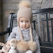 13色高端15cm貉子毛球男童女童，麻花辫帽子，宝宝护耳针织三球毛线帽