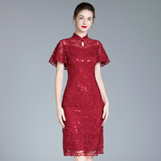 深圳高端婚宴礼服女喜婆婆妈妈装夏季大码红色连衣裙时尚中年裙子