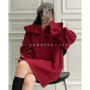 韩国东大门22aw酒红色荷叶，领连衣裙女加绒，喇叭袖宽松慵懒卫衣裙