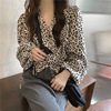 2024春季法式V领复古豹纹雪纺衬衫女韩版设计感系带衬衣短款上衣