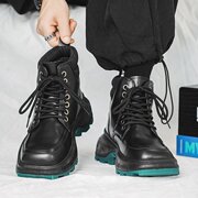 2023秋季冬季黑绿短筒马丁靴橡胶PU马丁靴系带