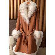 出口外贸单秋冬季高级感气质，羊毛鹅绒收腰系带保暖长款外套大衣