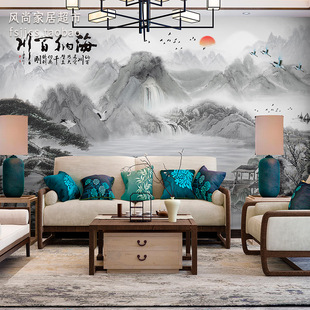 新中式海纳百川水墨山水壁画，客厅卧室书房玄关，黑白灰迎客松墙画布