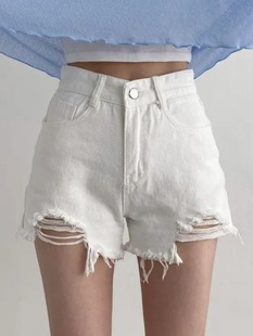 韩国chic夏季减龄破洞牛仔短裤高腰设计感小众黑色宽松a字热裤女