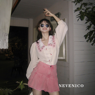 nevenico星奢买手店设计师花朵，刺绣拼接娃娃，领衬衫2023春装