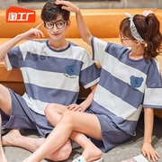 新短袖(新短袖)睡衣，情侣夏季棉质韩版休闲家居服，男女短裤春夏宽松两件套装