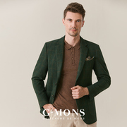 羊毛西装外套男格子，英伦风商务休闲西服，雅痞正装上衣橄榄绿厚款