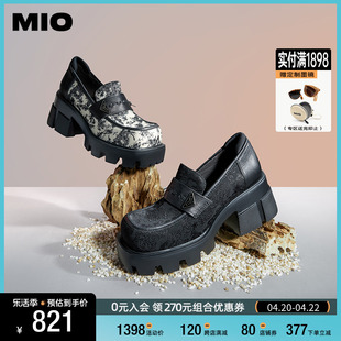 mio米奥春季圆头高跟深口单鞋新中式国风刺绣，显高厚底乐福鞋女鞋