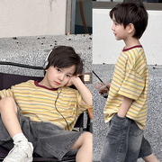 黄色条纹中小男童夏款短袖，t恤上衣，2024年童装薄款儿童休闲体恤衫