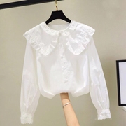 女童春秋衬衫2024韩版洋气长袖白衬衫儿童蕾丝娃娃领打底上衣