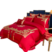 100支全棉婚庆四六十件套，大红色刺绣婚房被套喜被子结婚床上用品
