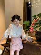 新中式米色刺绣防晒衬衫2024宽松气质甜美七分袖上衣半身裙两件套