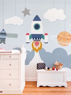 环保卡通太空火箭墙纸男孩女孩儿童房墙布北欧卧室壁画背景墙壁纸