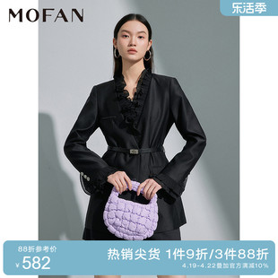 mofan摩凡2023春款荷叶边领设计感黑色休闲西装，外套女小西服上衣