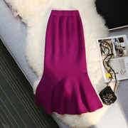 韩国秋冬玫红色羊绒针织，半身裙女高腰，显瘦中长a字包臀鱼尾裙