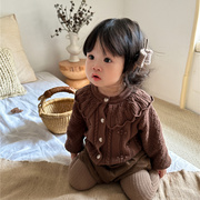 韩版秋装女童棉纱娃娃领针织开衫上衣，婴幼童纯色百搭长袖毛衣外套