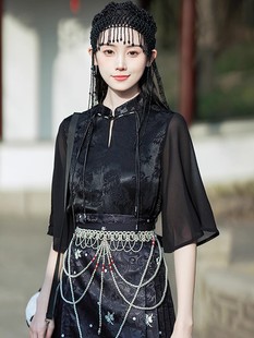 新中式衬衫黑色马面裙上衣立领盘扣国风小衫改良汉服衬衣女款夏季