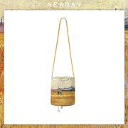 尼睿梵高麦田油画斜挎水桶，包包女艺术，复古外出便携帆布小包