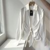 外贸原单洋气白色衬衫欧美性感，深v领设计修身系带长袖褶皱衬衣