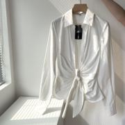 外贸原单 洋气白色衬衫欧美性感深V领设计修身系带长袖褶皱衬衣