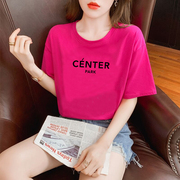 玫红色短袖t恤女夏2023美式宽松纯棉设计感小众韩版字母上衣