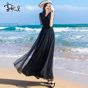 黑色高端雪纺连衣裙女长款到脚踝，超长薄款飘逸夏天海边度假大摆裙
