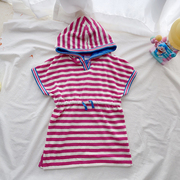 98-152英bd女童春带帽毛巾，料条纹浴袍，儿童海边温泉沙滩浴衣连衣裙